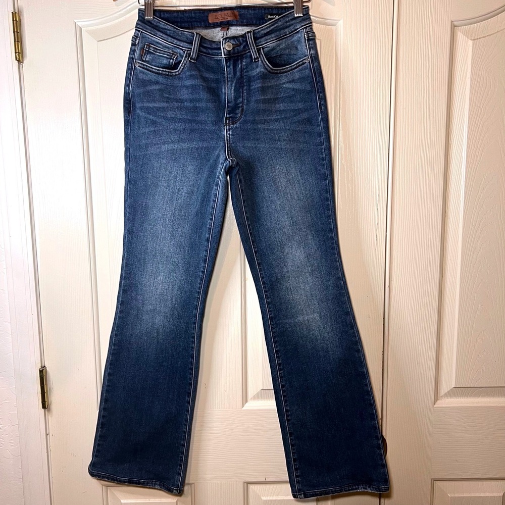 Size 27 Judy Blue High Waist Bootcut Jeans Dark Wash Distressed Hem - Picture 2 of 10